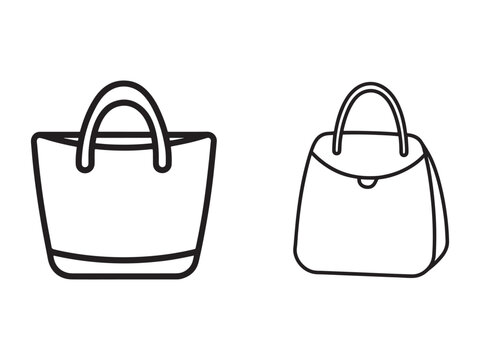 Line drawing of two simple handbags with handles one structured tote and one soft shoulder bag