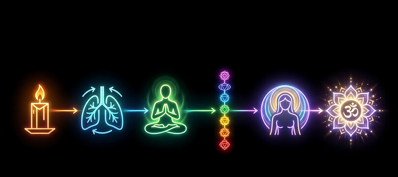 Neon meditation flow chart illustrating breathwork and chakra alignment with glowing symbols of lungs and spiritual energy on a clean dark black background