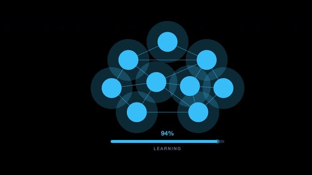 Abstract digital illustration of interconnected nodes and shapes representing a neural networks progress. Perfect for tech, ai, and learning concepts.
