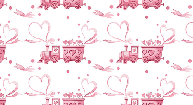 Lovely seamless pattern featuring pink toy trains carrying cargo of hearts with ribbons and dots on white background.
