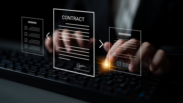 A business professional engages in a digital signature process, showcasing modern technology in a minimalistic office. Ideal for themes of contracts and digital agreements. Cyphers