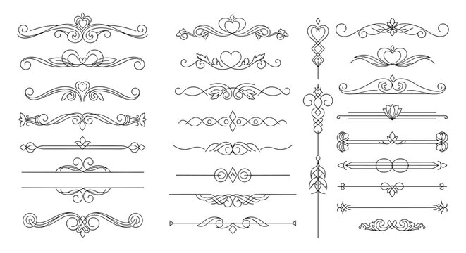 Collection of elegant black and white calligraphic dividers borders and ornaments for formal document and book design projects.