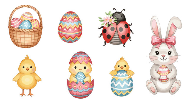 Adorable easter collection with bunny rabbit chick hatching from egg ladybug and decorated basket on white background.