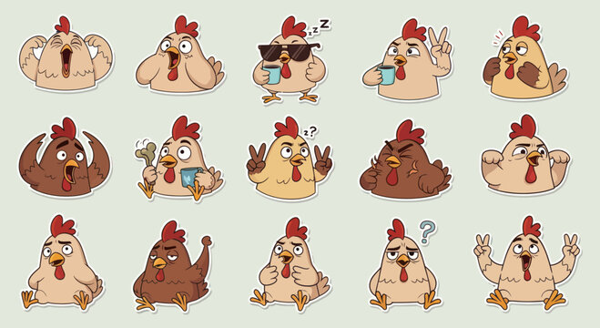 Funny Chicken Stickers Set, Cartoon Roosters Expressing Emotions and Poses