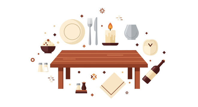 Minimalist Flat Vector Illustration of a Dining Table with Dinner Icons and Cutlery