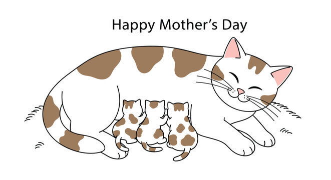 Heartwarming mothers day illustration with mother cat nursing her three kittens while sleeping peacefully on the floor.