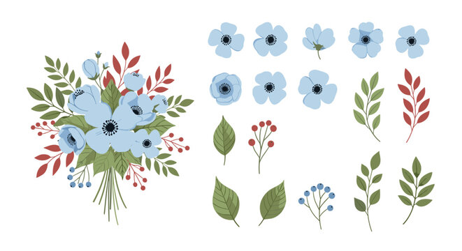 Elegant blue anemone flower bouquet with separate leaves and red berries for botanical illustration and card design.