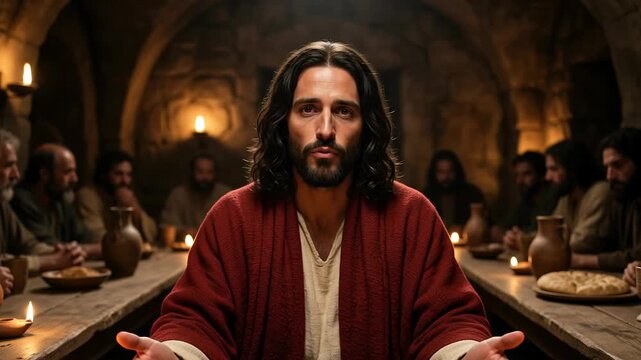 Jesus Christ sits with his twelve disciples sharing bread at a table during the solemn and dramatic biblical moment of the Last Supper before the holy crucifixion and resurrection