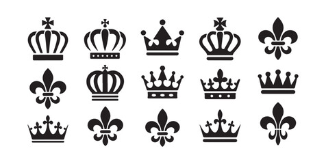 Obraz premium Collection of black crown and fleur-de-lis icons for royal design