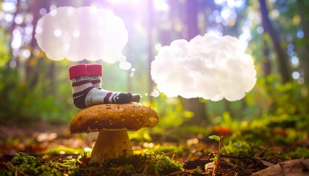 Mismatched Socks Converse on Giant Mushroom in Forest