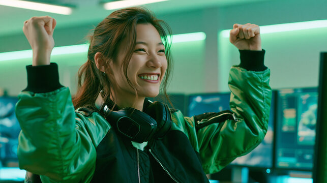 Excited woman gamer celebrating victory online. Young girl professional player winning video game competition. Neon green lighting in computer club for cyber sport tournament challenge.