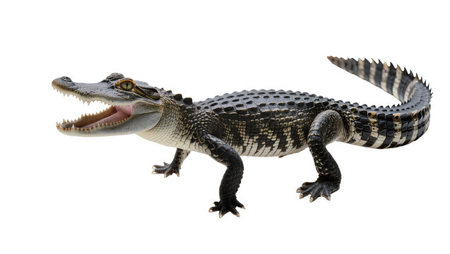 Young alligator with open mouth and sharp teeth, isolated on transparent background