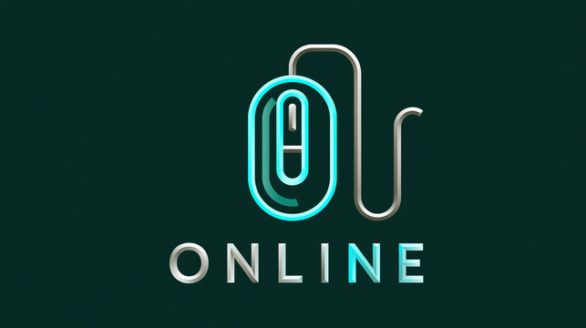 Neon sign logo featuring computer mouse icon with text online. Glowing digital gaming emblem for internet caf&eacute; or esports platform. Modern cyber technology symbol for online gaming.