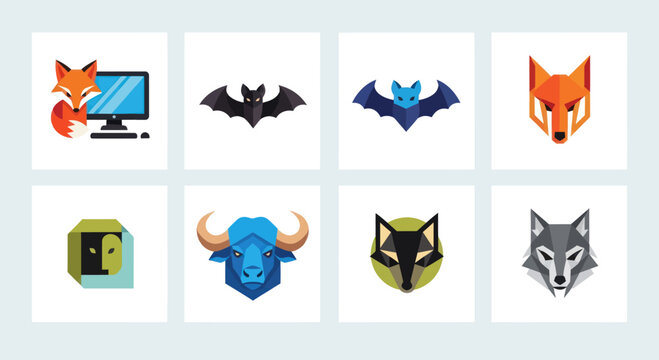 Geometric Animal Icons Collection: Fox, Bat, Buffalo, Wolf, Abstract Shapes
