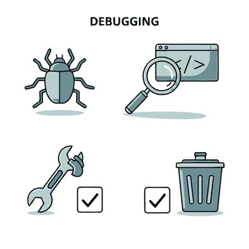 Debugging software bug fix icons.
