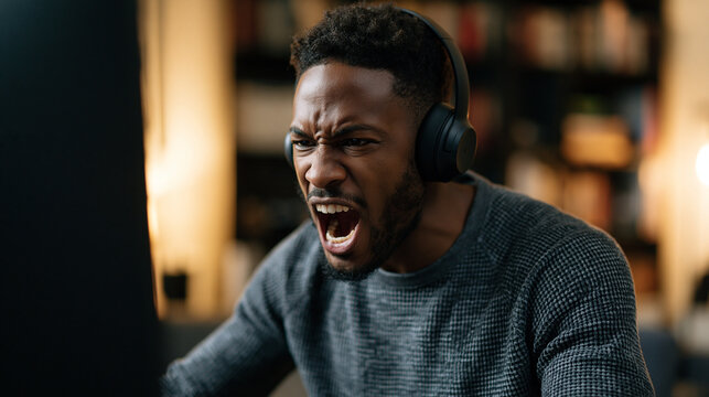 African american man gamer shouting while playing video game. Angry player wearing headset in front of screen monitor. Online competition, intense gaming addiction and cyber sport hobby.