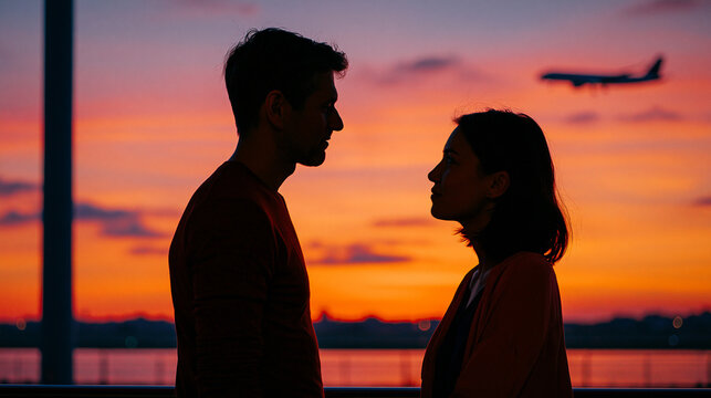 Man and woman silhouette face to face against airport sunset with airplane in sky. Long distance relationship concept. Couple parting or meeting at terminal before flight journey travel.