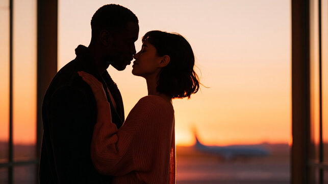 Silhouette of man and woman kissing at airport terminal window during sunset. Romantic couple reuniting at journey end. Long distance relationship concept and travel lifestyle scene.