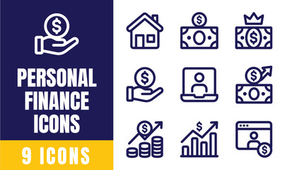 Fototapeta premium Personal Finance Icons Set — Dollar Hand, House, Crown, Savings, Growth Chart, Profile Vector Outline Icons for Money Management
