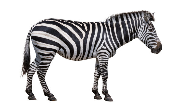 Striped zebra standing, isolated on transparent background