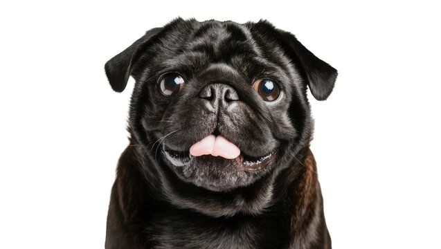 Black pug dog with tongue out, isolated on transparent background