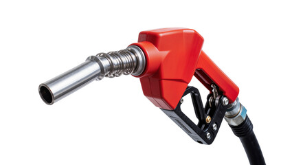 Red plastic fuel nozzle with metal spout and black hose, isolated on transparent background © Lukas