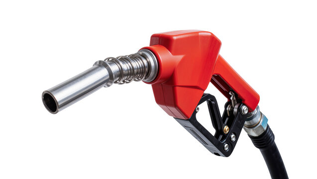 Red plastic fuel nozzle with metal spout and black hose, isolated on transparent background