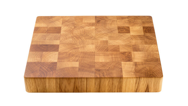 Thick wooden butcher block cutting board with end grain pattern, isolated on transparent background