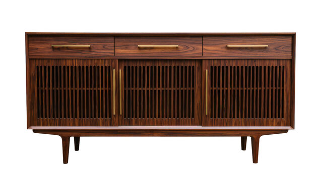 Dark wood mid-century modern sideboard with slatted doors and brass handles, isolated on transparent background
