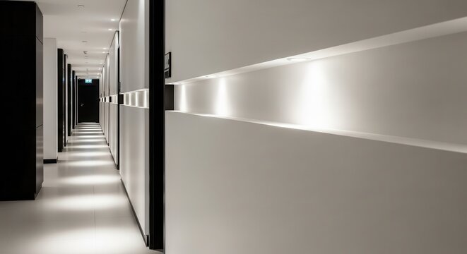 Recessed downlights providing clean, uniform illumination along a modern interior architectural hallway space