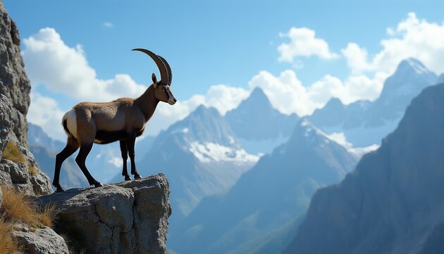 ibex stands on steep rocky cliff edge. Majestic wild animal surveys rugged mountain range. Snowy peaks and blue sky form scenic backdrop. This creature is sure-footed and strong.