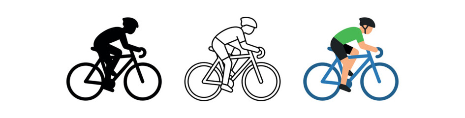 Fototapeta premium Cyclist icon set. bicycle, cycling, bike, riding, sport, fitness, transportation, training, race. outline flat and colored vector illustration.