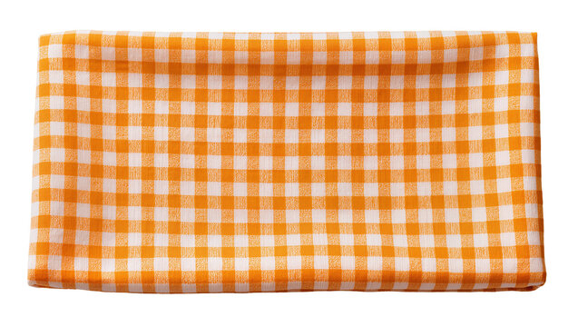 Orange and white checkered gingham fabric folded neatly, isolated on transparent background
