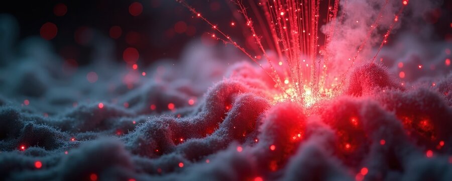 Microscopic view of fuzzy red fibers emitting light. Microscopic particles and thin threads glow in dark. Macro perspective of research, science experiment, and abstract background.