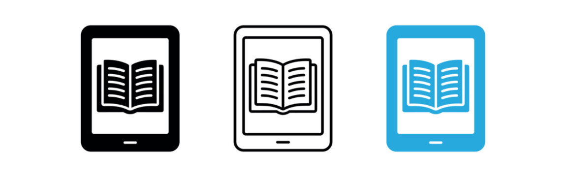E-book reader icon set. digital book, tablet, reading, ebook, library, education, content. outline flat and colored vector illustration.