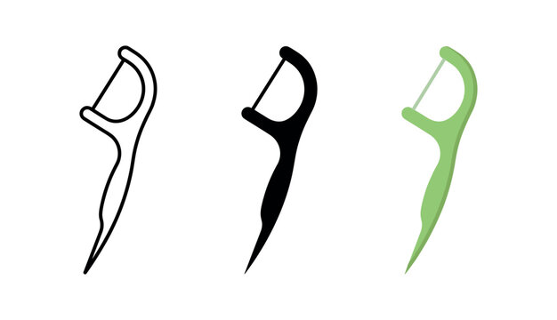 Dental floss pick icon set. flosser, interdental cleaner, oral hygiene tool, single-use pick, eco friendly variation. line, flat and colored vector icon set.