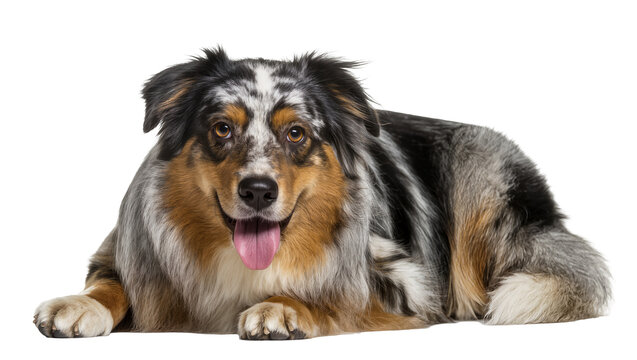 Australian Shepherd dog with merle coat lying down, isolated on transparent background