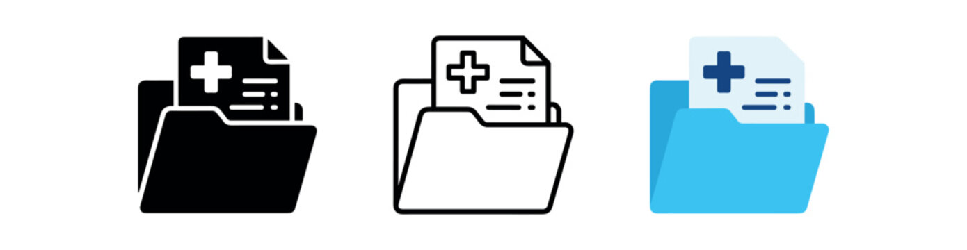 Medical records icon set. patient file, health record, medical folder, electronic chart, healthcare documentation. line, flat and colored vector icon set.