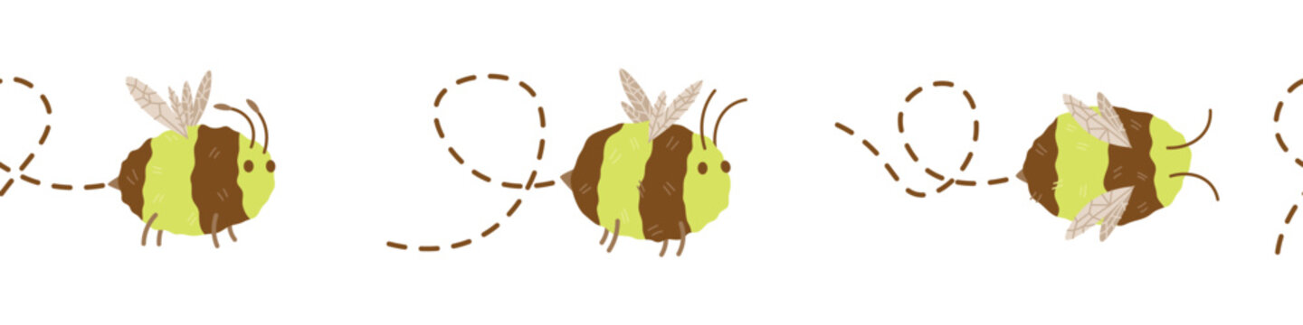 Seamless Horizontal Border with Cute Cartoon Bumblebees and Dashed Trails