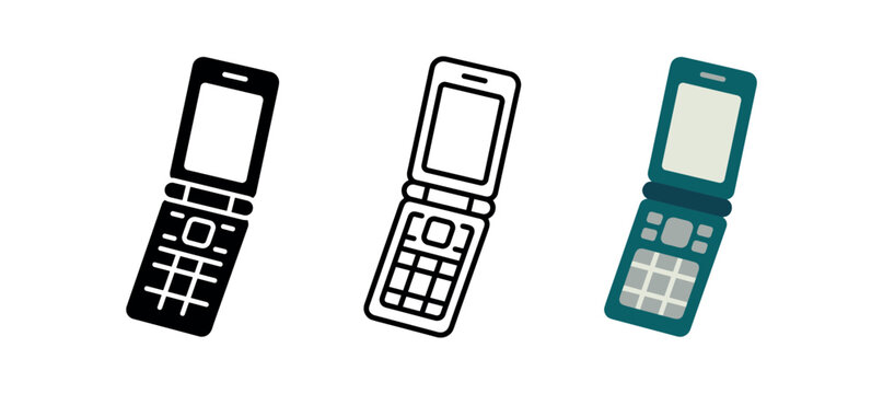 Flip phone icon set. clamshell phone, mobile, cellphone, keypad phone, classic handset. calling, texting, mobile device, retro mobile, simple phone. line, flat and colored vector icon set.
