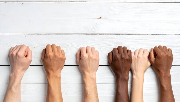 Diverse hands rest on white wood planks, unified and diverse