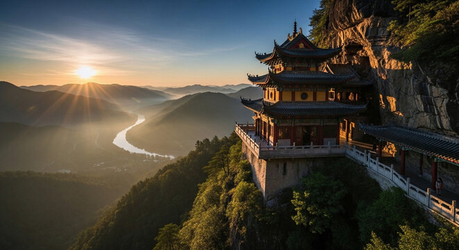 Golden sunrise illuminates an ancient East Asian temple majestically perched on a precipitous mountain cliff, offering a breathtaking vista of the winding river valley below