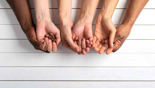 Diverse hands clasped together on white wood planks, creating a sense of unity