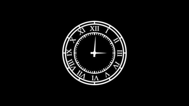 Animated white roman numeral clock face ticking seamlessly on a dark black background representing time passing and deadlines roman numerals measurement deadline watch face chronometer