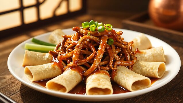 Beijing Jing Jiang Rou Si shredded pork with tofu skin wraps