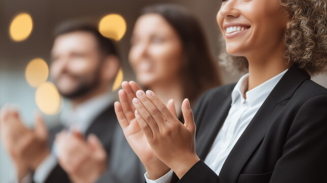 Business woman and team applauding at conference. Diverse professional group clapping hands together in office. Success, achievement and corporate appreciation event, meeting concept.