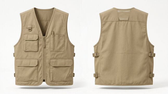 Utility vest featuring multiple storage pockets and adjustable side straps is displayed from front and back perspectives on a clean white background for a professional product presentation display.