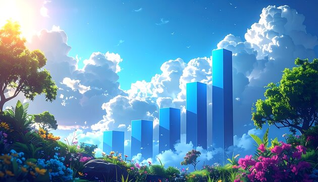 Vibrant meadow with sky-reaching blue block structures. Lush flowers, trees, and clouds create a hopeful, bright scene