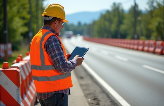 Man in hard hat safety vest uses tablet near road barrier. He checks asphalt surface work, inspects construction progress. Urban infrastructure maintenance job.
