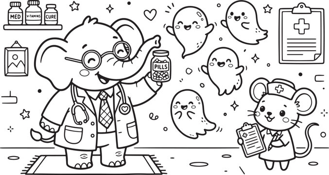 Cute elephant doctor, mouse nurse cartoon coloring page for kids, friendly ghosts in hospital, medical outline vector illustration, preschool activity sheet